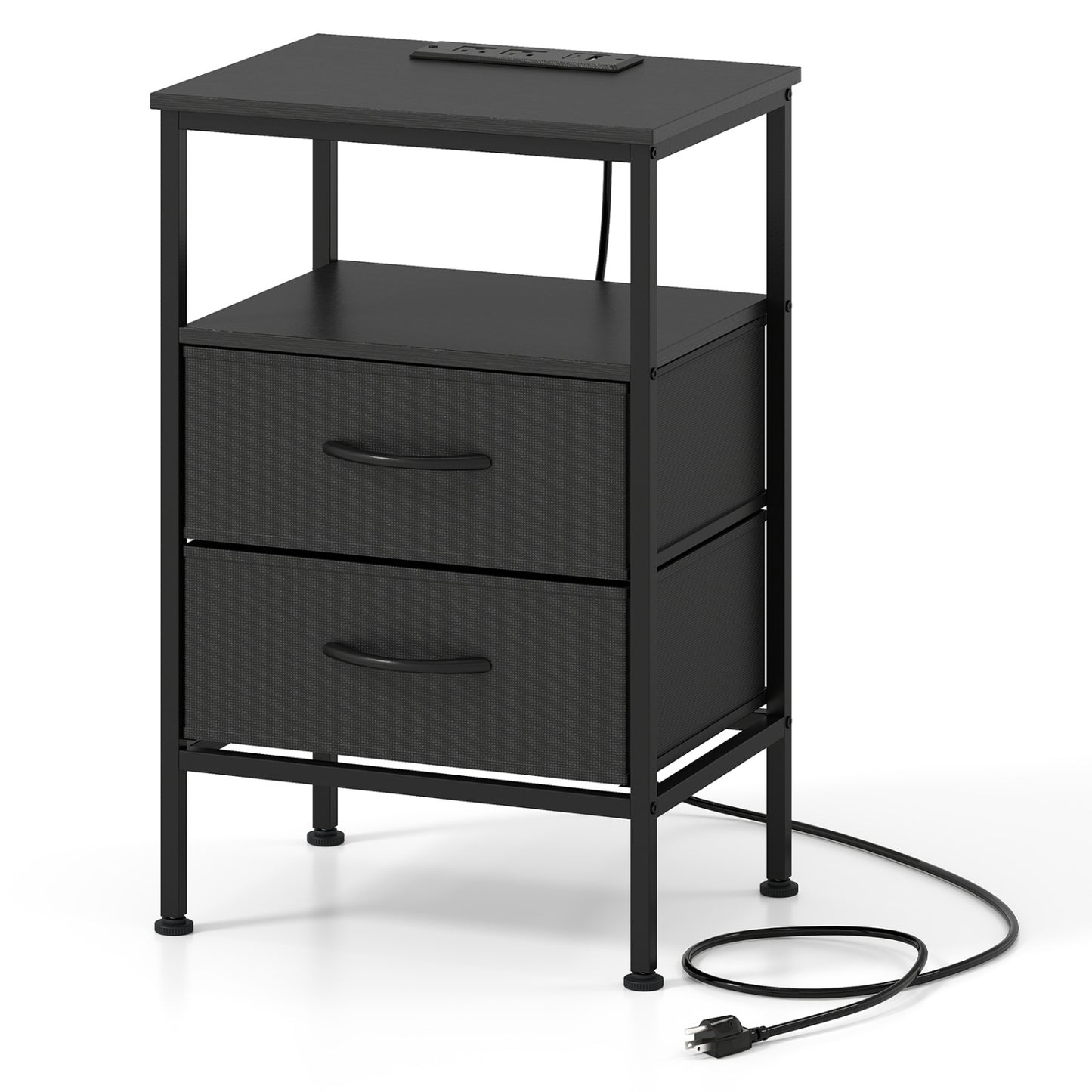 Nightstand with Charging Station 24.5 inch Modern Bedside Table with 2 Fabric Drawers-Black