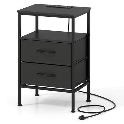 Nightstand with Charging Station 24.5 inch Modern Bedside Table with 2 Fabric Drawers-Black