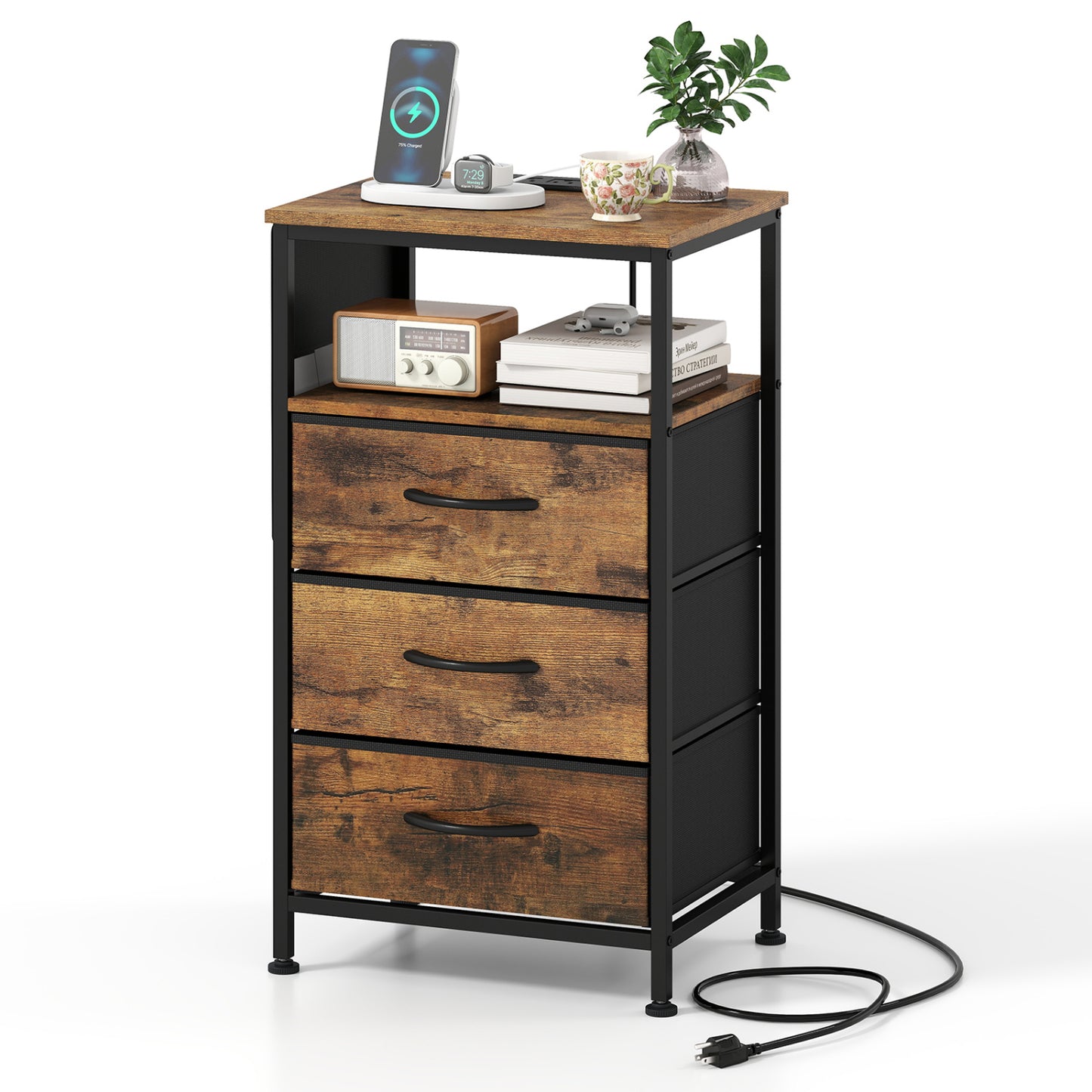 Nightstand with Charging Station 27.5 inch Modern Bedside Table with 3 Fabric Drawers-Black