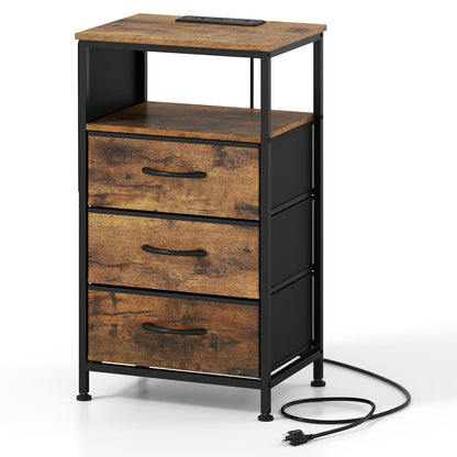 Nightstand with Charging Station 27.5 inch Modern Bedside Table with 3 Fabric Drawers-Black