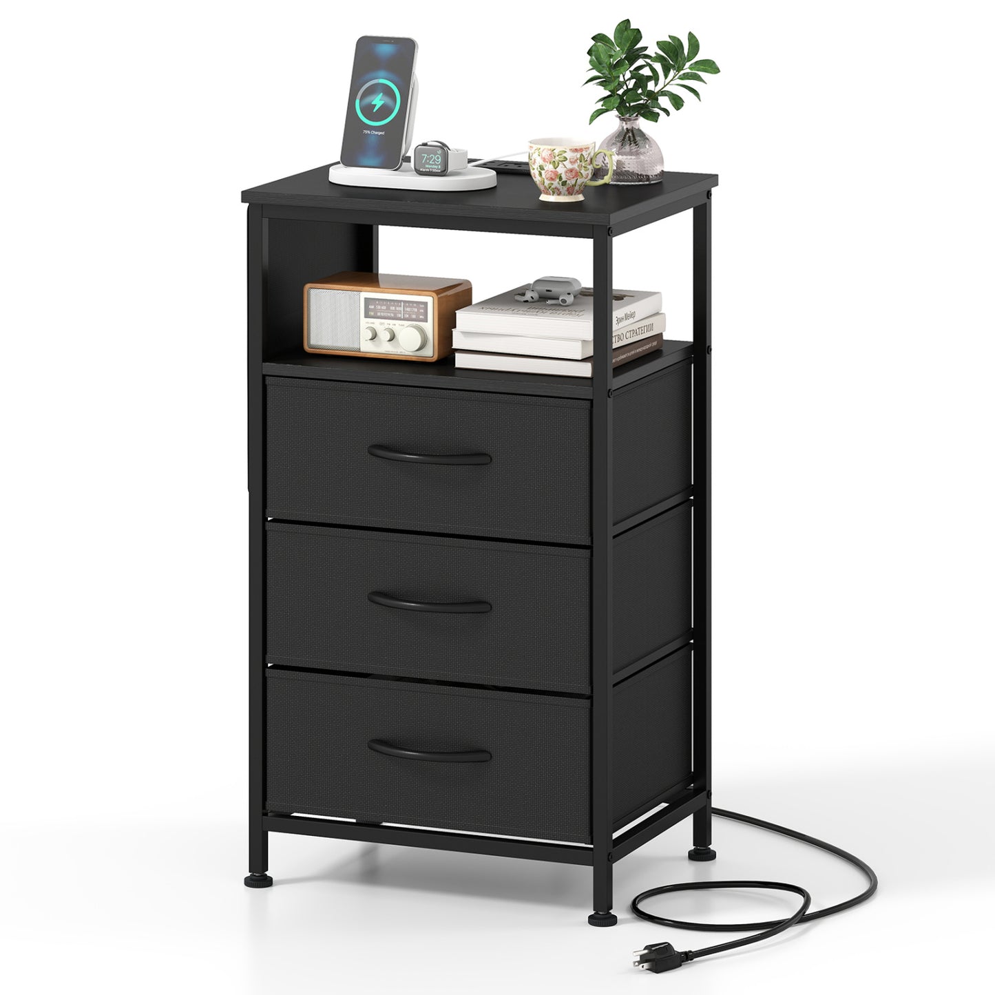 Nightstand with Charging Station 27.5 inch Modern Bedside Table with 3 Fabric Drawers-Black