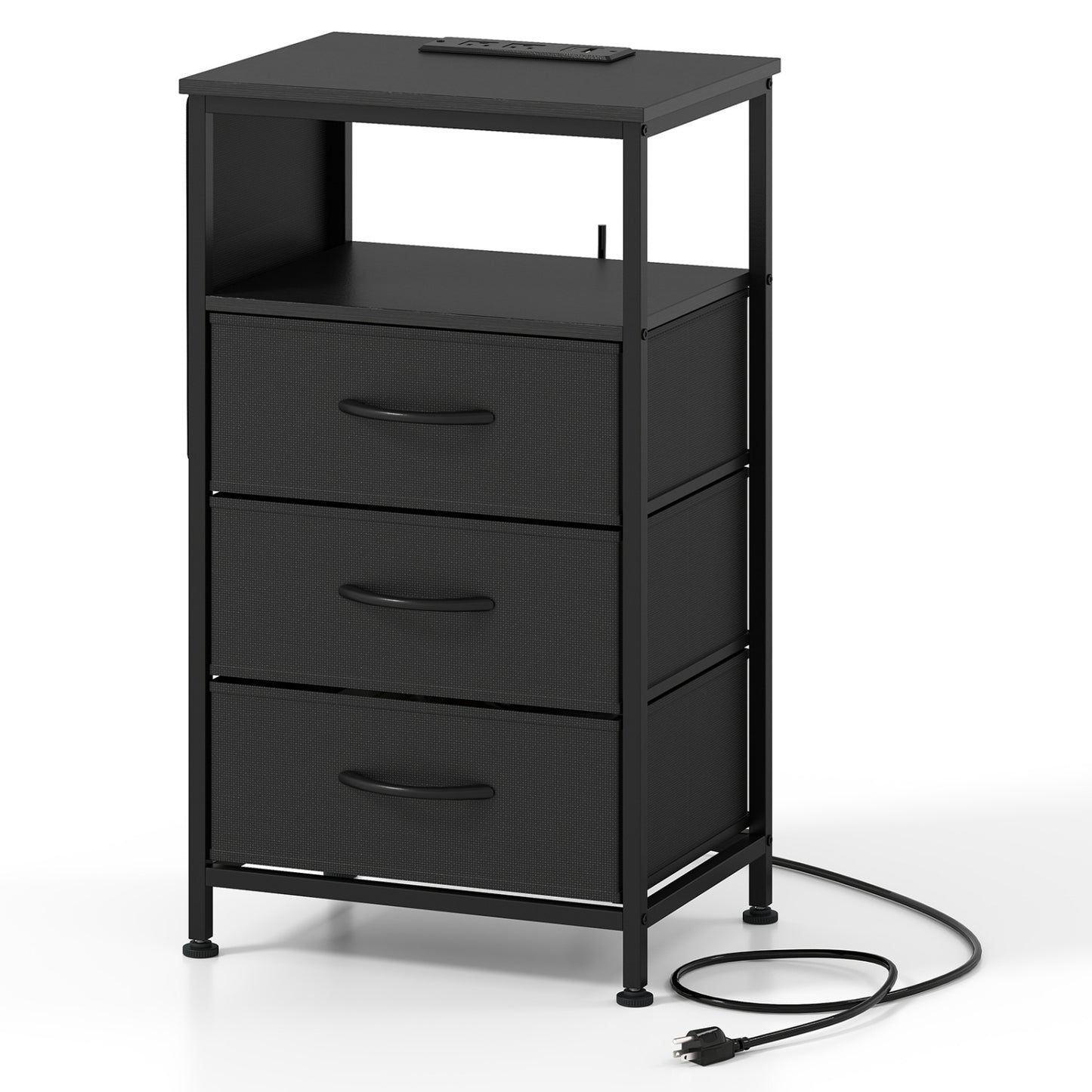 Nightstand with Charging Station 27.5 inch Modern Bedside Table with 3 Fabric Drawers-Black