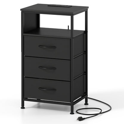Nightstand with Charging Station 27.5 inch Modern Bedside Table with 3 Fabric Drawers-Black