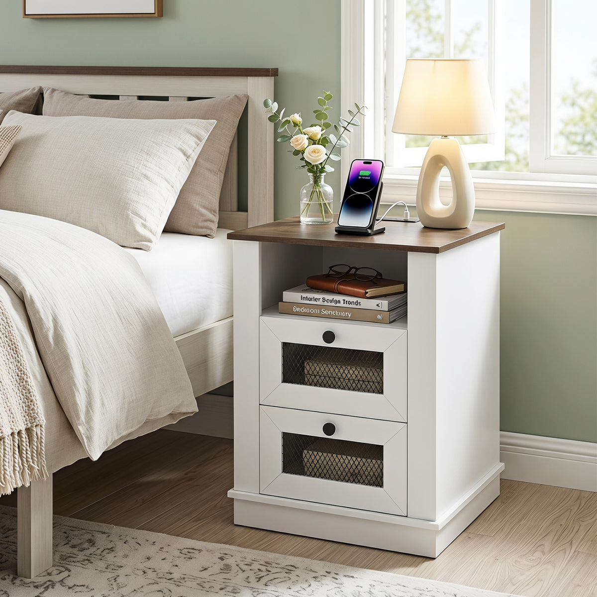 Rustic brown nightstand with charging station and two drawers, ideal for bedroom storage, by Wilsons Home Store.