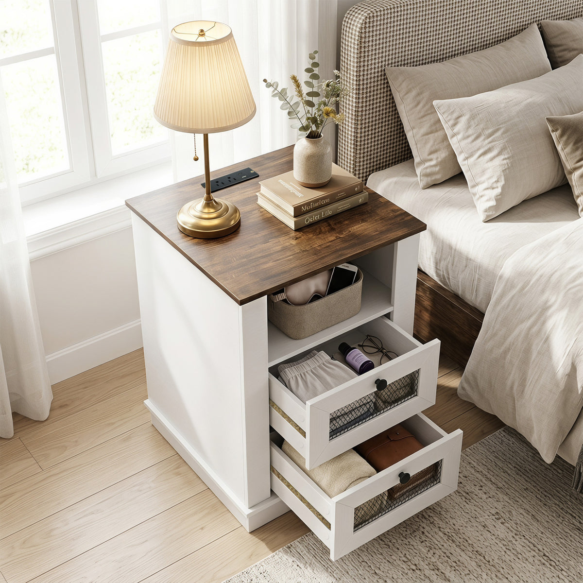 Rustic brown nightstand with charging station and two drawers for bedroom storage, by Wilsons Home Store.