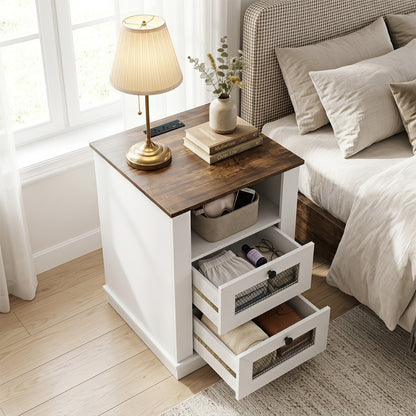 Rustic brown nightstand with charging station and two drawers for bedroom storage, by Wilsons Home Store.