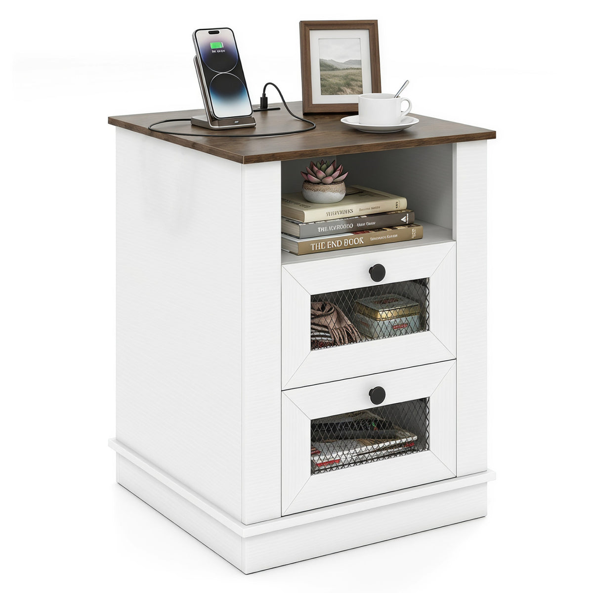 Rustic brown bedroom nightstand with charging station, two drawers, and storage compartment, from Wilsons Home Store.