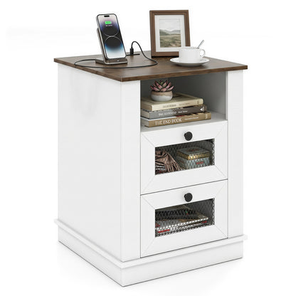 Rustic brown bedroom nightstand with charging station, two drawers, and storage compartment, from Wilsons Home Store.