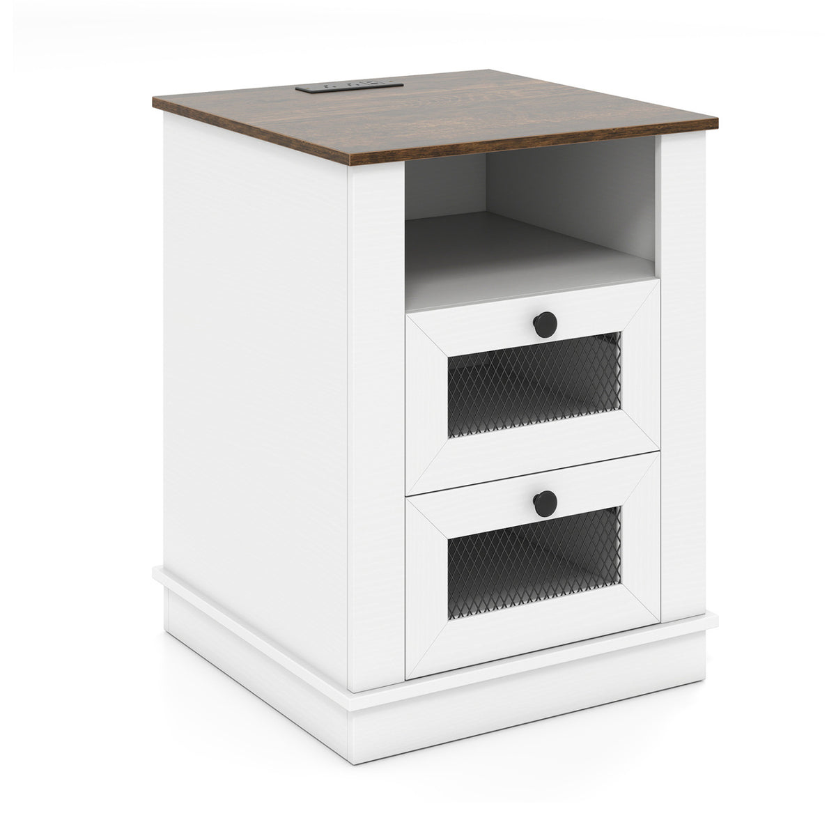 Rustic brown nightstand with charging station, two drawers, and storage compartment, designed for bedroom furniture by Wilsons Home Store
