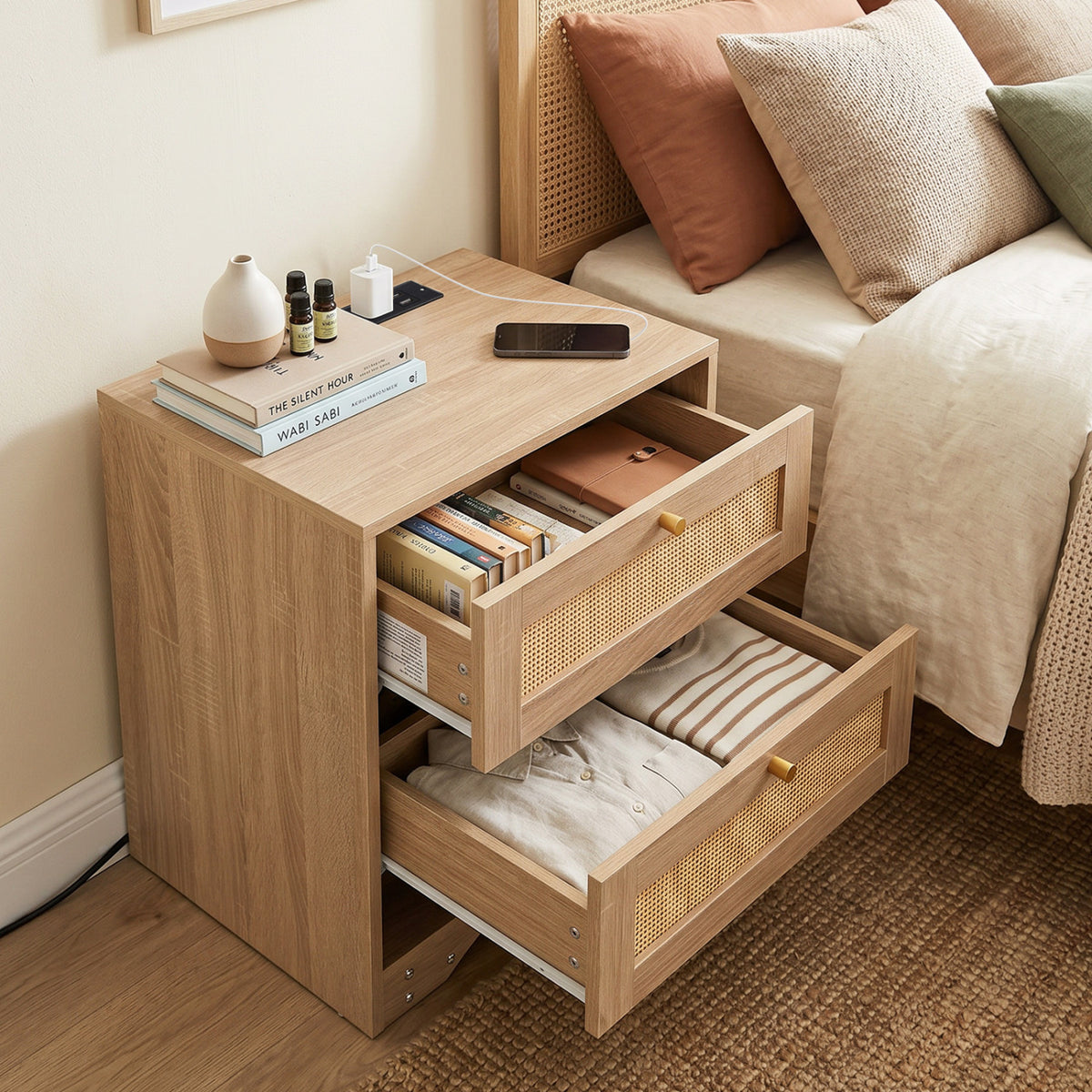Nightstand with Charging Station and LED Light Strip for Bedroom and Living Room-Oak