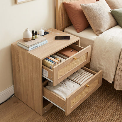 Nightstand with Charging Station and LED Light Strip for Bedroom and Living Room-Oak