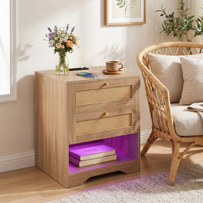 Nightstand with Charging Station and LED Light Strip for Bedroom and Living Room-Oak