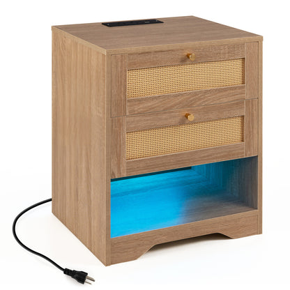 Nightstand with Charging Station and LED Light Strip for Bedroom and Living Room-Oak