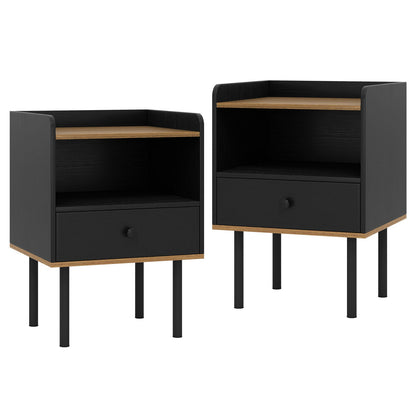 Nightstand with Drawer 3-Tier Sofa Side Table with Open Storage Shelf Set of 2-Black