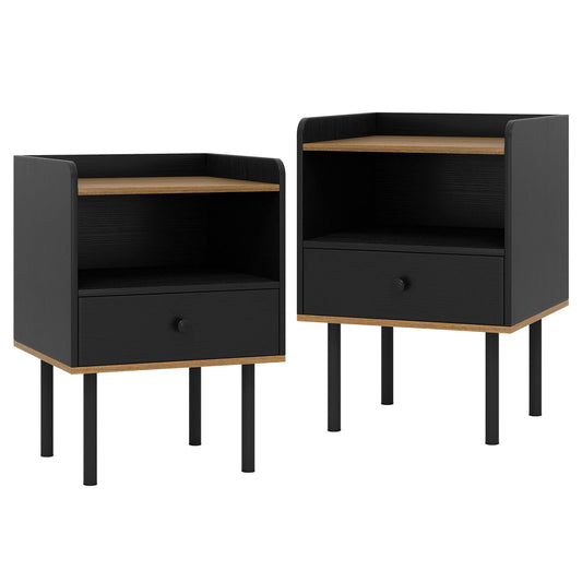Nightstand with Drawer 3-Tier Sofa Side Table with Open Storage Shelf Set of 2-Black