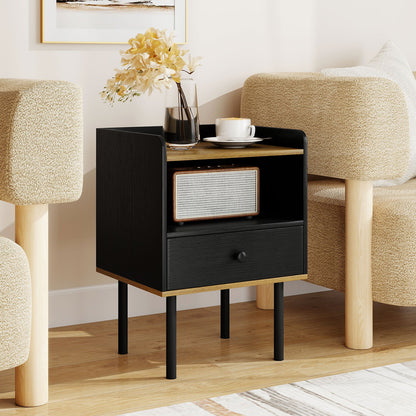 Nightstand with Drawer 3-Tier Sofa Side Table with Open Storage Shelf-Black