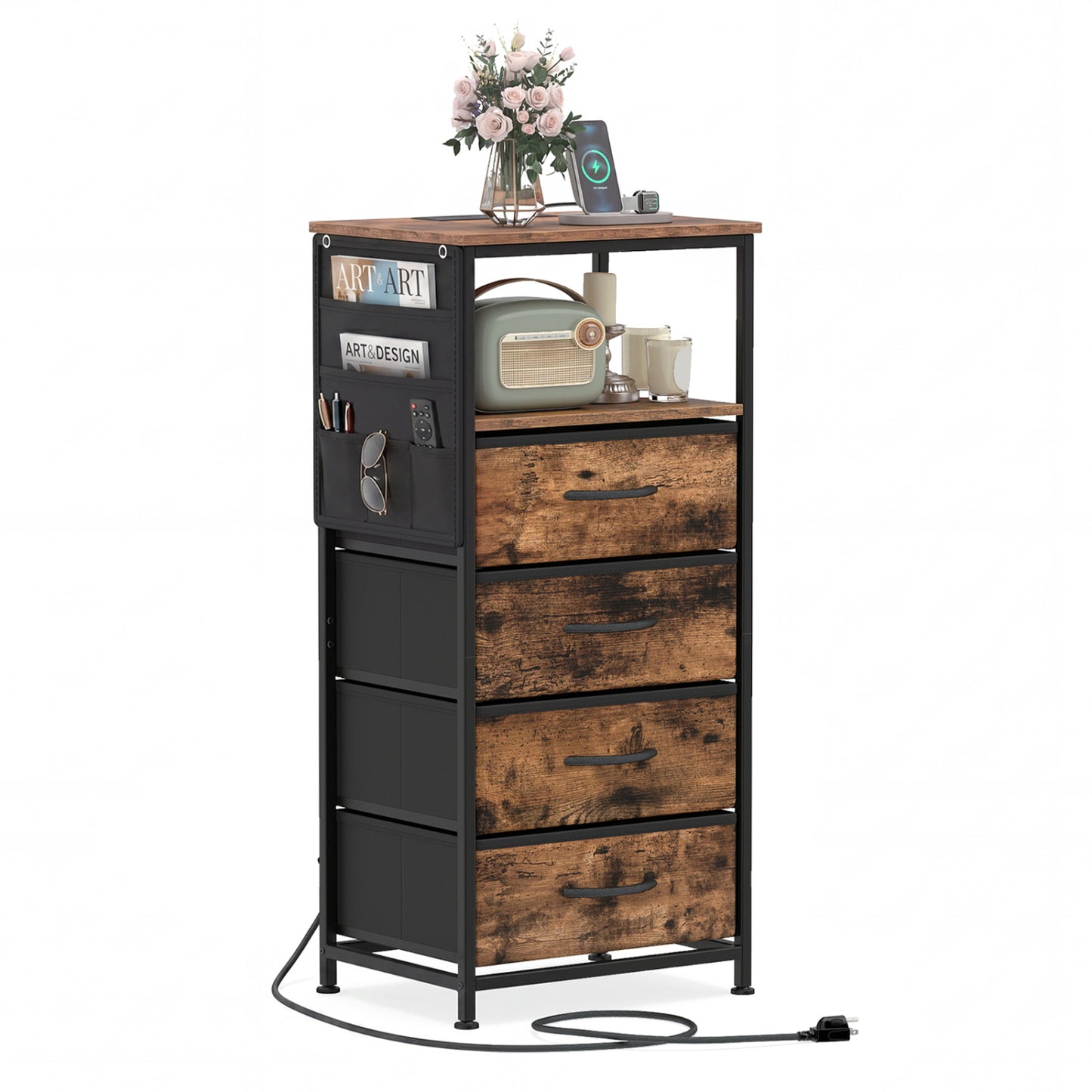 Nightstand with Integrated Charging Station 34" Modern Bedside Table-Black