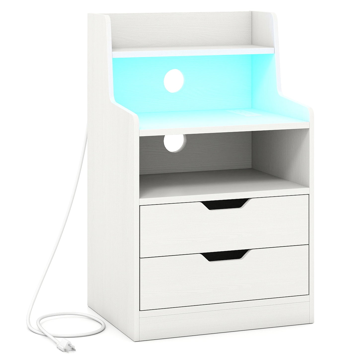 Nightstand with LED Light and Charging Station for Living Room Bedroom-White