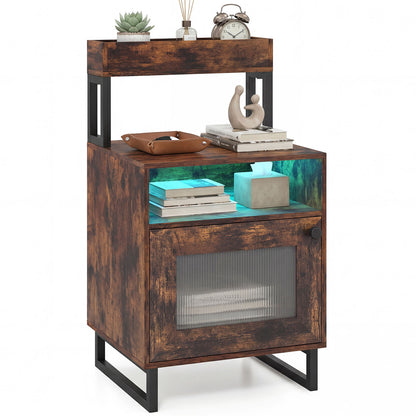 Nightstand with LED Lights Modern End Table with Top Tray Open Compartment and Storage Cabinet-Gray