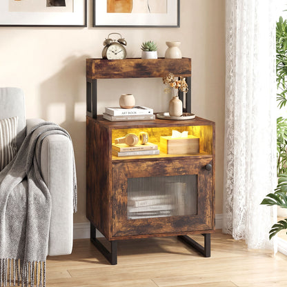 Nightstand with LED Lights Modern End Table with Top Tray Open Compartment and Storage Cabinet-Gray