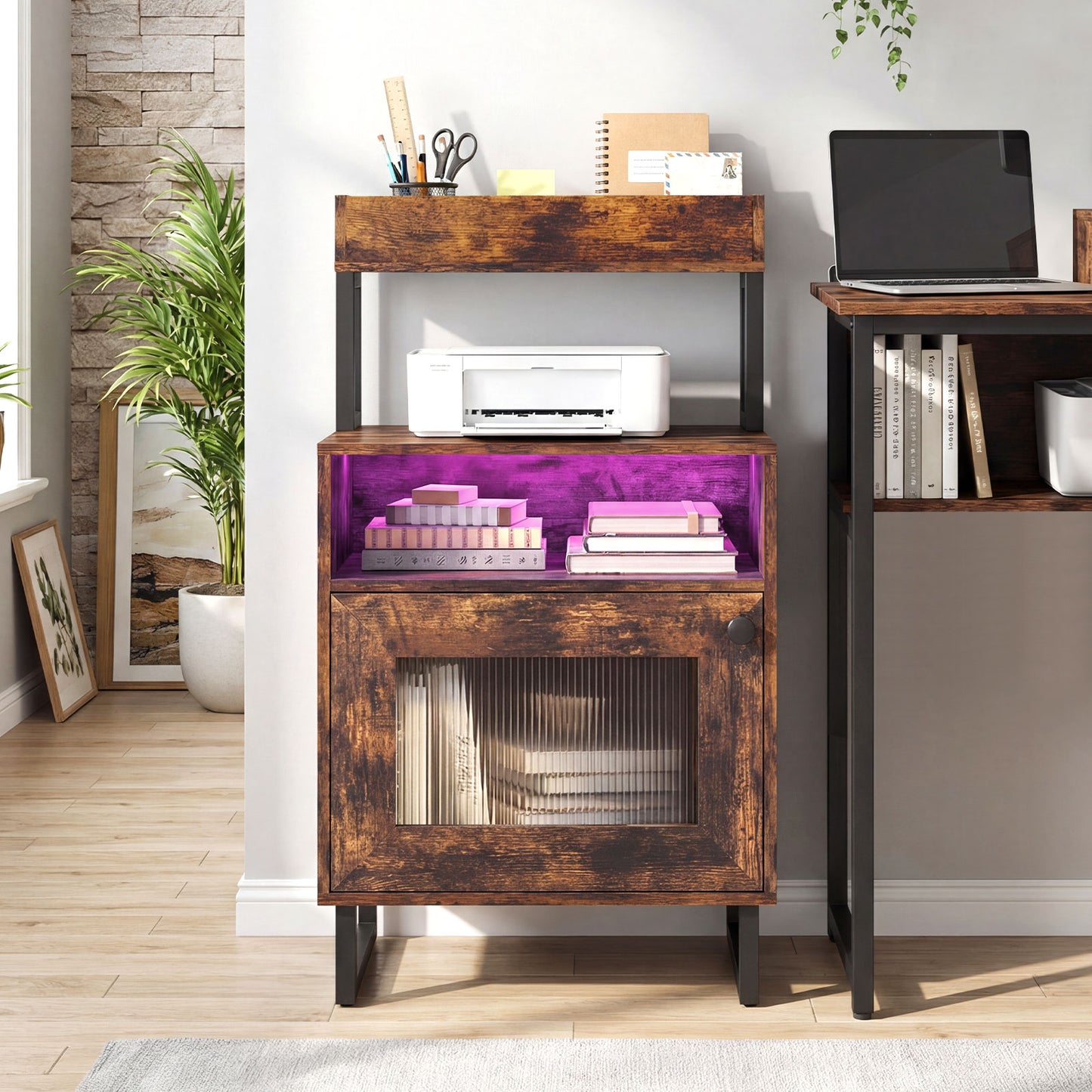 Nightstand with LED Lights Modern End Table with Top Tray Open Compartment and Storage Cabinet-Gray