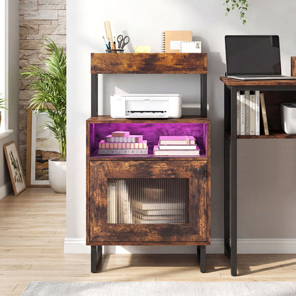 Nightstand with LED Lights Modern End Table with Top Tray Open Compartment and Storage Cabinet-Gray