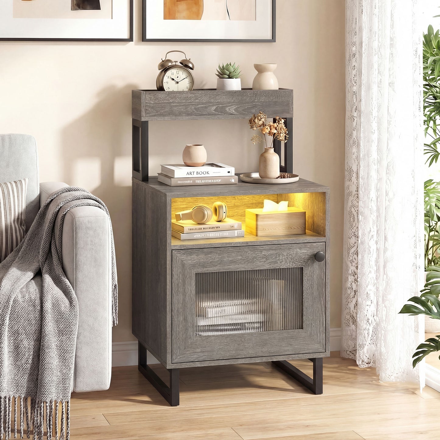 Nightstand with LED Lights Modern End Table with Top Tray Open Compartment and Storage Cabinet-Gray