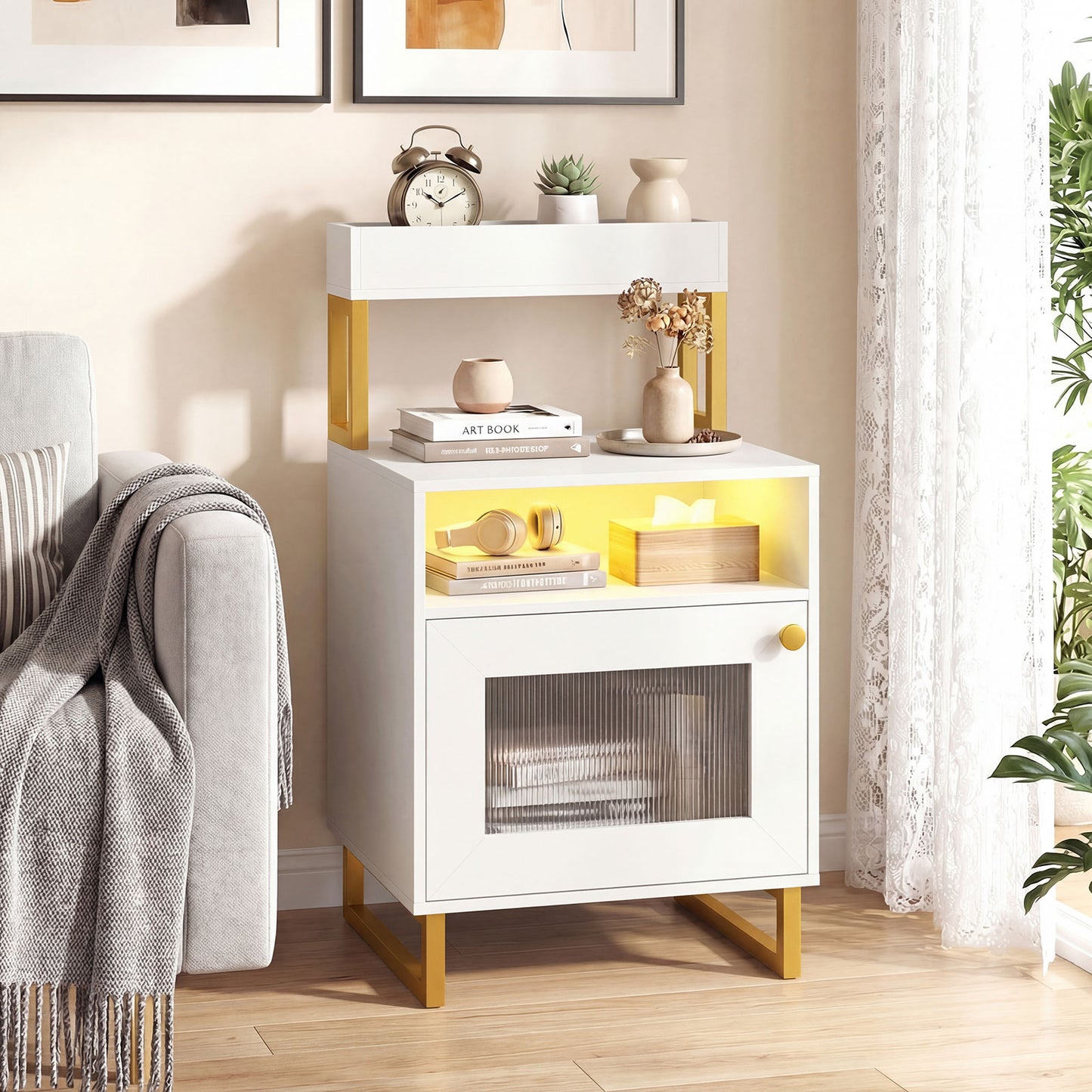 Nightstand with LED Lights Modern End Table with Top Tray Open Compartment and Storage Cabinet-Gray