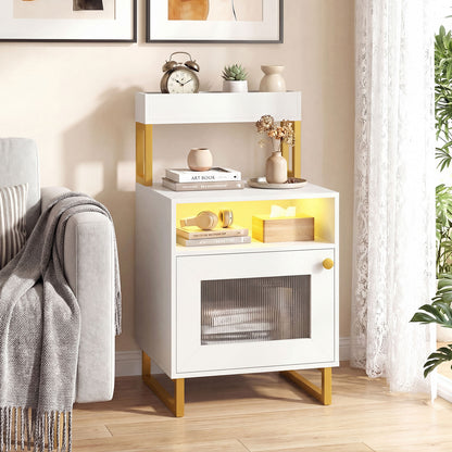 Nightstand with LED Lights Modern End Table with Top Tray Open Compartment and Storage Cabinet-Gray