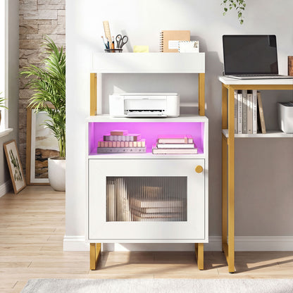 Nightstand with LED Lights Modern End Table with Top Tray Open Compartment and Storage Cabinet-Gray