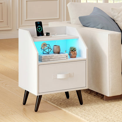 Nightstand with Power Outlets and Open Storage Shelf for Living Room-White