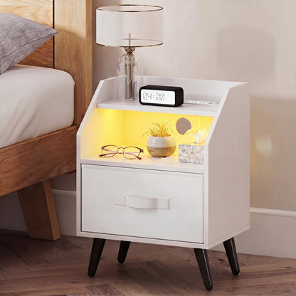 Nightstand with Power Outlets and Open Storage Shelf for Living Room-White