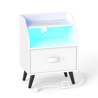 Nightstand with Power Outlets and Open Storage Shelf for Living Room-White