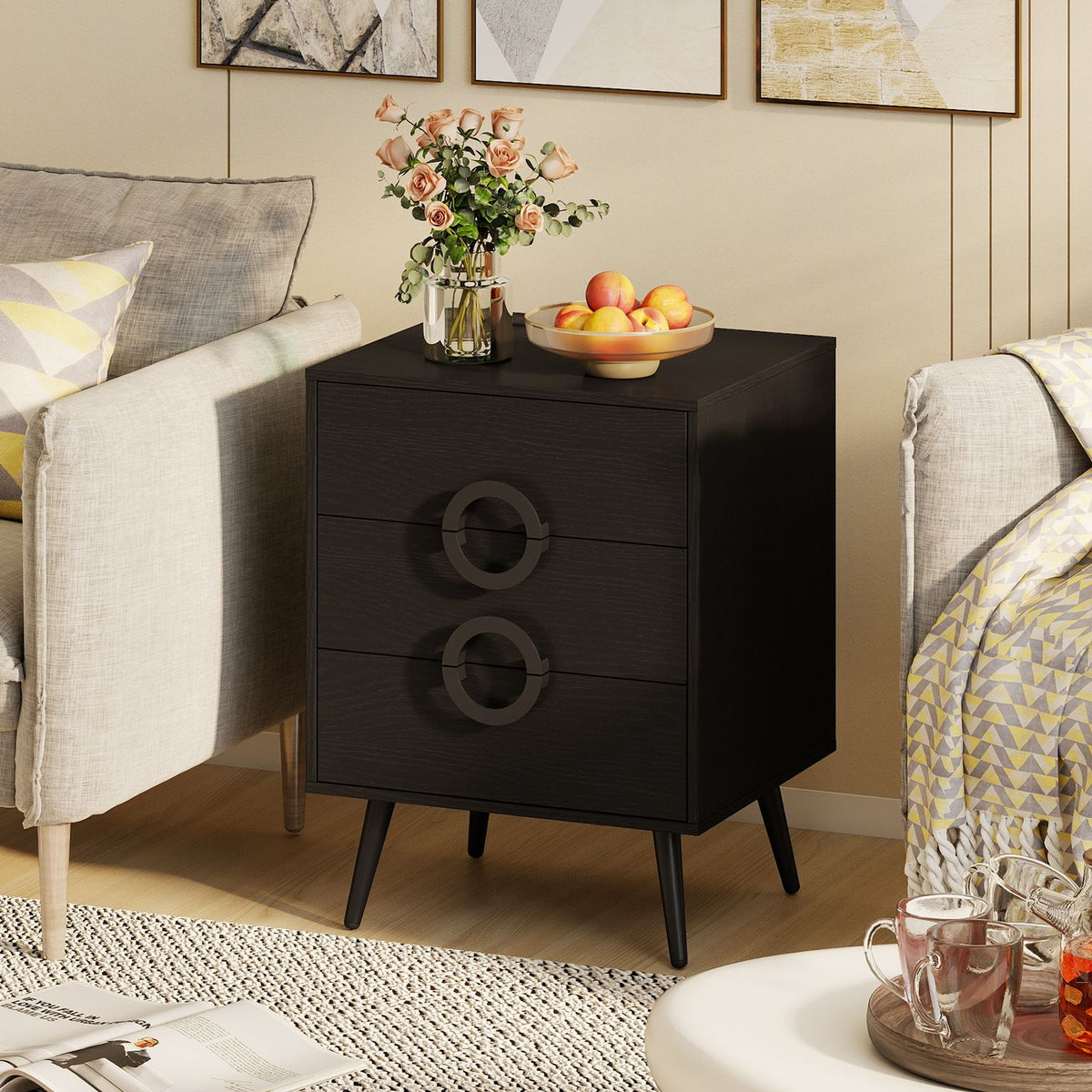 Black modern nightstand with 3 drawers, power outlets, and cable hole, ideal for bedroom bedside storage.