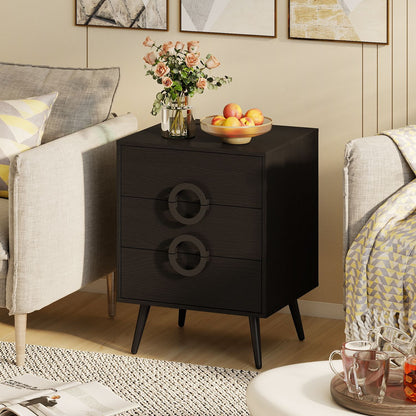 Black modern nightstand with 3 drawers, power outlets, and cable hole, ideal for bedroom bedside storage.