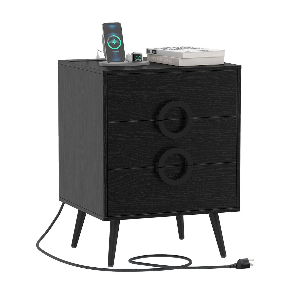 Black modern nightstand with 3 drawers, power outlets, and cable hole for bedside storage.