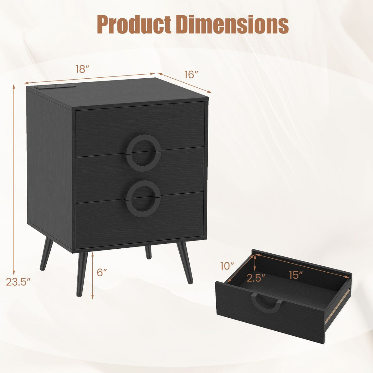 Black modern nightstand with 3 drawers, power outlets, and cable hole, designed for bedrooms and bedside storage.