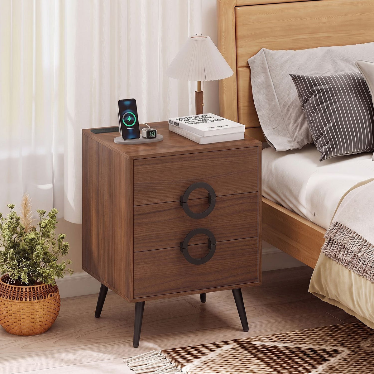Modern black nightstand with 3 drawers, power outlets, and cable hole for bedside bedroom storage.