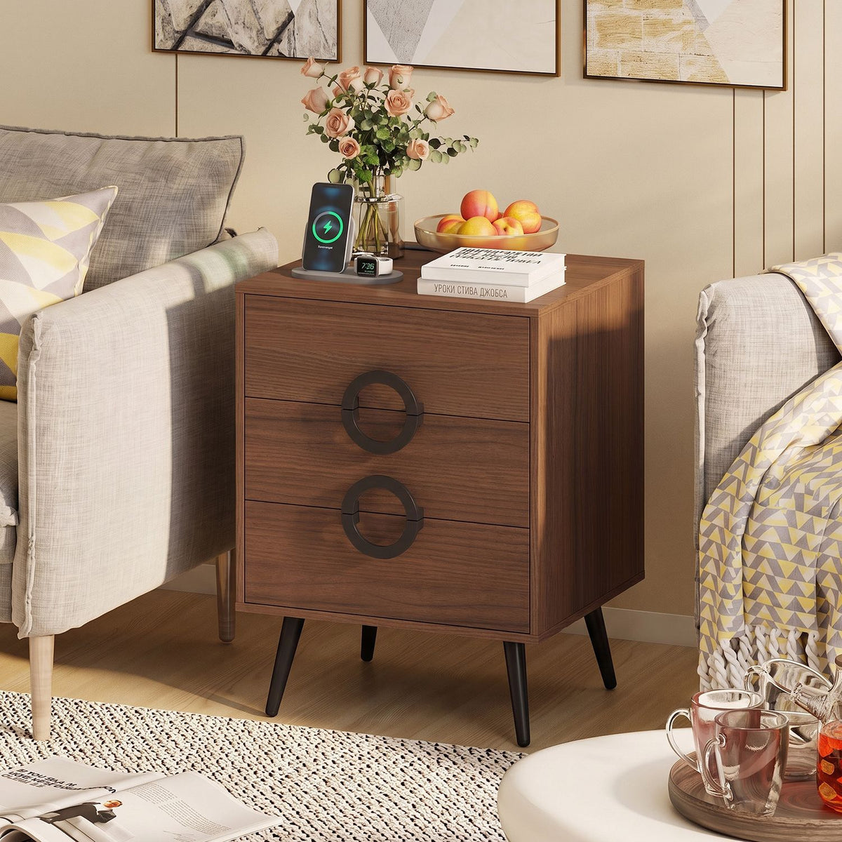 Black modern nightstand with three drawers, power outlets, and cable hole for bedside storage.