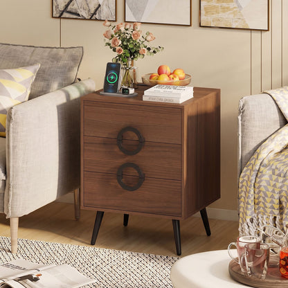 Black modern nightstand with three drawers, power outlets, and cable hole for bedside storage.