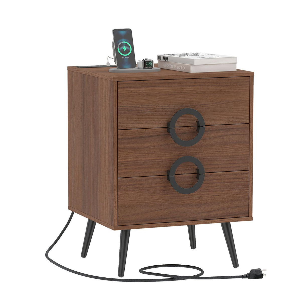 Black modern nightstand with 3 drawers, power outlets, and cable hole for bedroom use by Wilsons Home Store.