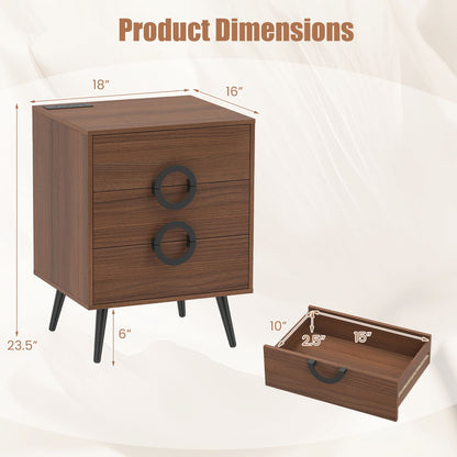 Black modern nightstand with 3 drawers, power outlets, and cable hole for bedside storage and convenience.