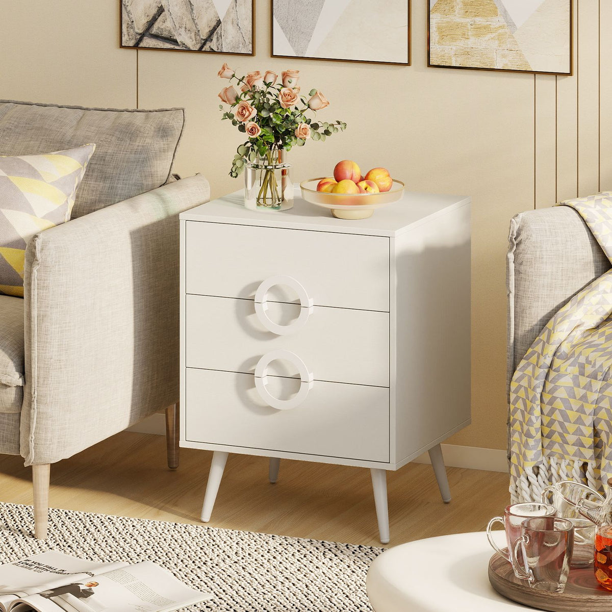 Modern black nightstand with 3 drawers, power outlets, and cable hole, perfect for bedroom bedside storage.