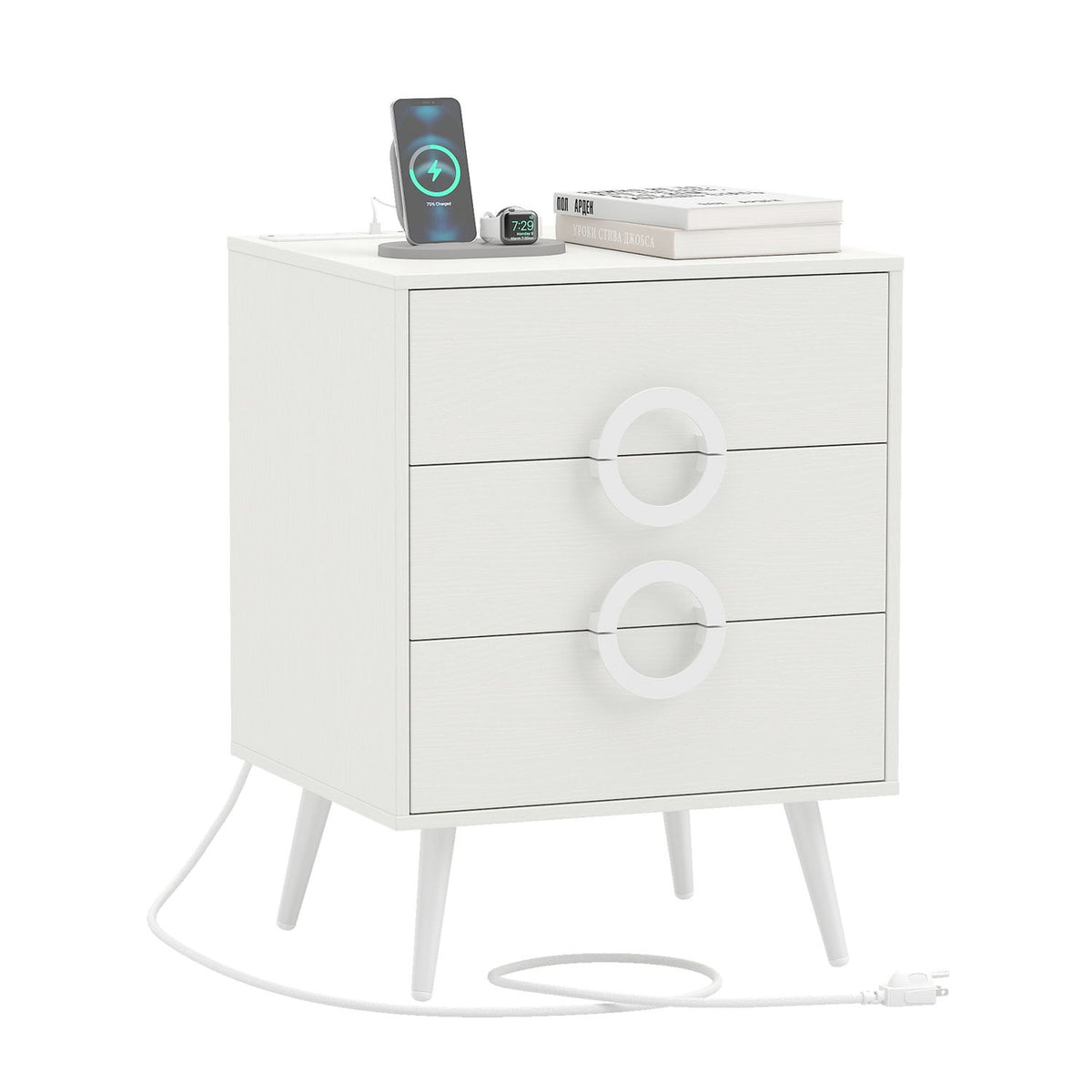 Black modern nightstand with 3 drawers, power outlets, and cable hole, ideal for bedroom storage and convenience.