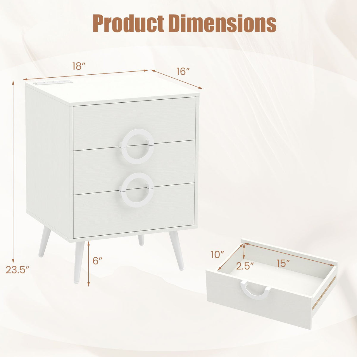 Modern black nightstand with three drawers, power outlets, and cable hole for bedside storage by Wilsons Home Store.