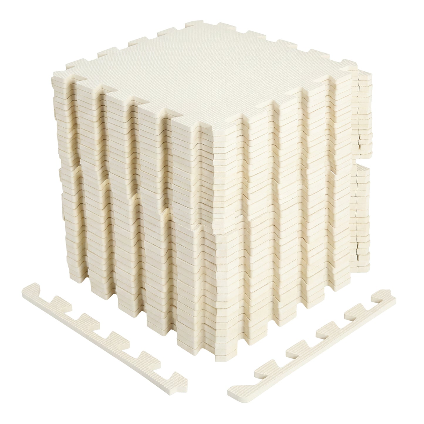 Beige non-slip foam floor tiles for living room and home gym, providing protective and comfortable flooring.
