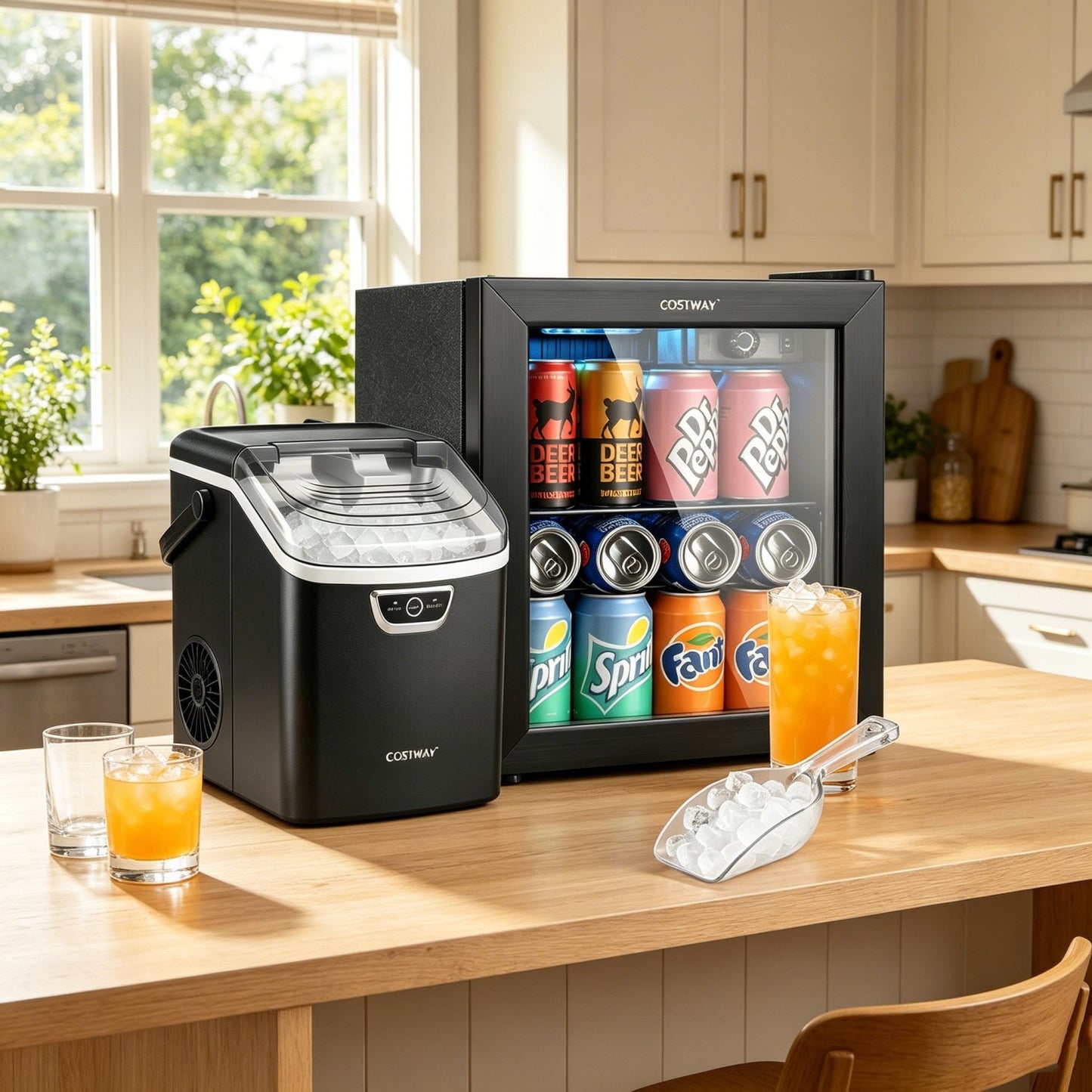 Wilson's Nugget Ice Maker and Beverage Cooler combo with chewable ice and compact drink storage for kitchen use.