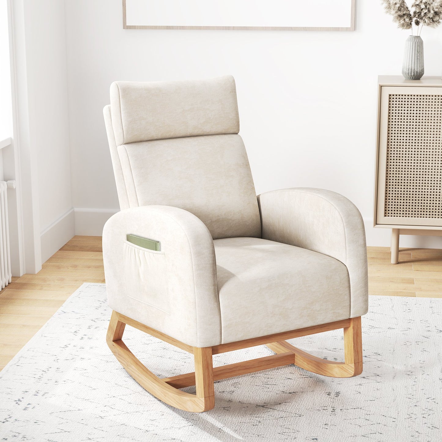 Nursery Rocking Chair Upholstered Chenille Rocker Armchair with Natural Rubber Wood Frame-Beige