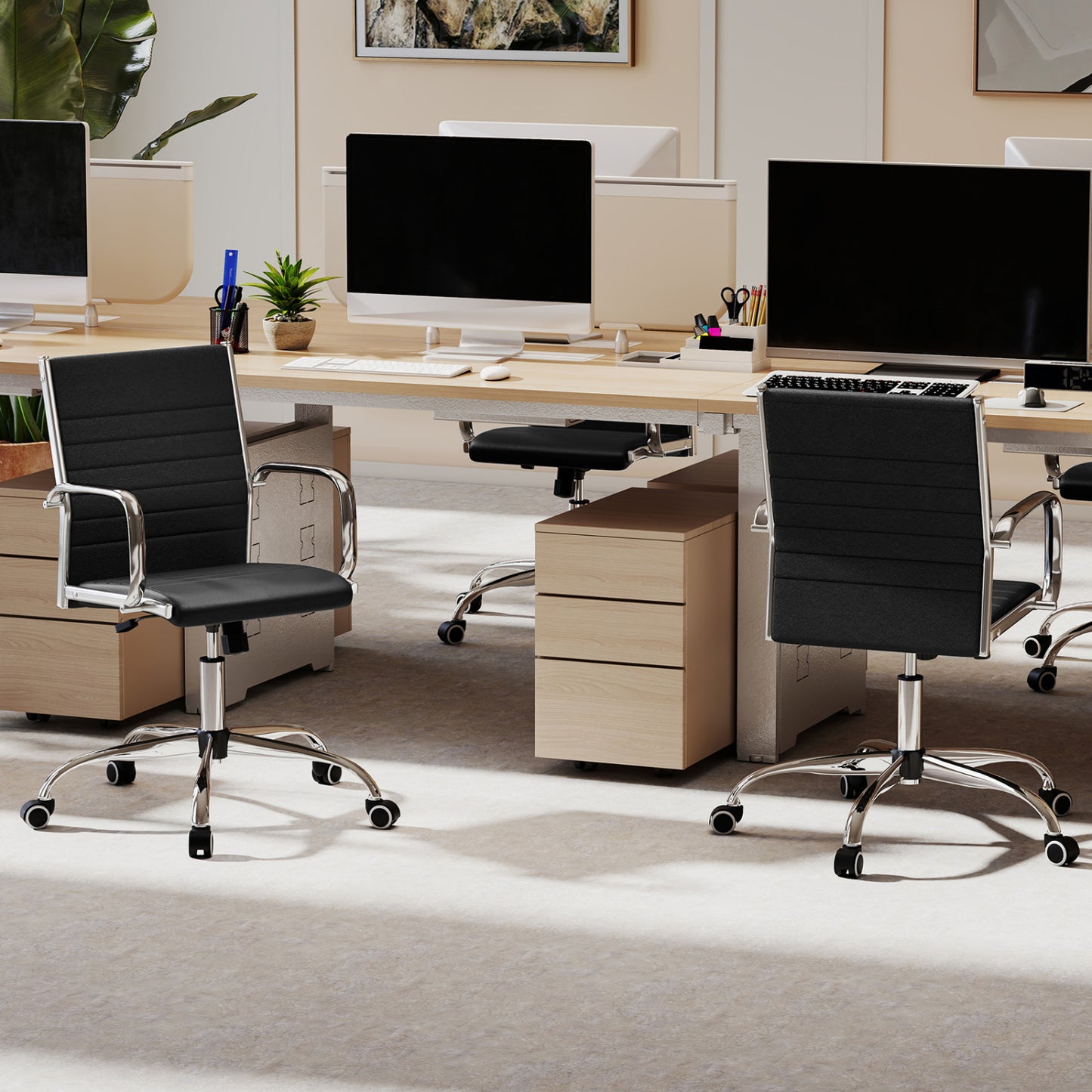 Office Chair Height Adjustable Conference Room Chair with Rocking Backrest Armrests-Black