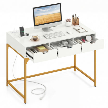 Office Desk with Power Outlets and Hidden Compartment for Study-Rustic Brown